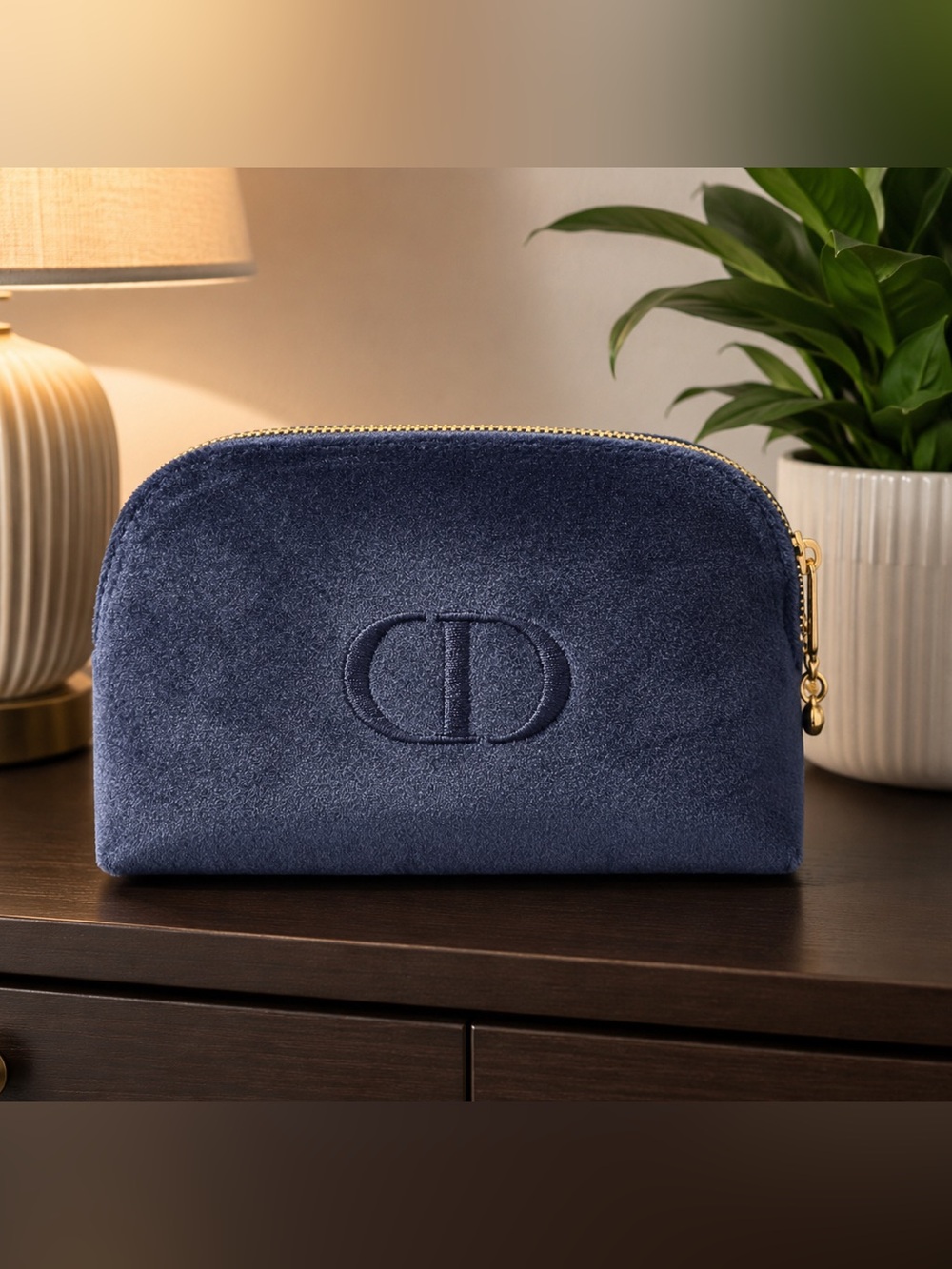 Dior Navy Blue Velvet Cosmetic Pouch with Gold Zip